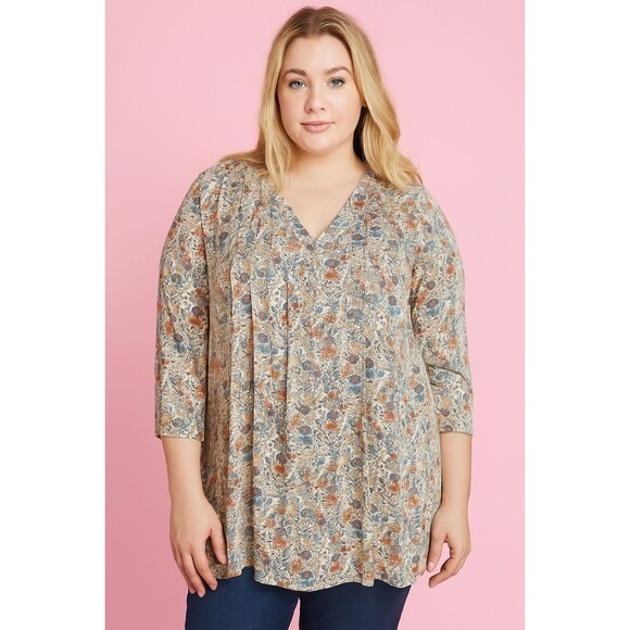 Rose & Olive Tops - Rose & Olive 2X  Floral Botanical V-Neck Pintuck 3/4 Sleeve Popover Cottage